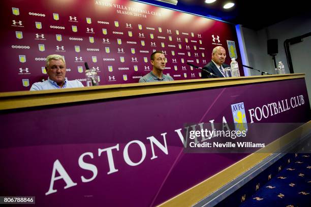 New signing John Terry of Aston Villa talks to the press during a press conference at Villa Park on July 03, 2017 in Birmingham, England.