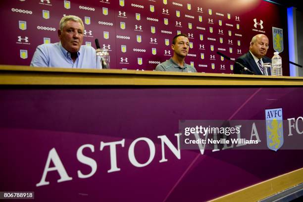 New signing John Terry of Aston Villa talks to the press during a press conference at Villa Park on July 03, 2017 in Birmingham, England.