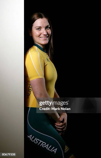 Anna Meares of Australia poses for a portrait during the Australian Olympic competition uniform launch at Luna Park April 14, 2008 in Sydney,...