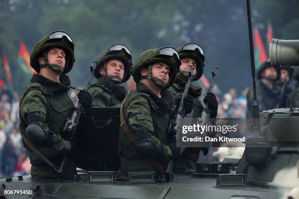 Tanks roll past Belarusian President Alexander Lukashenko during the Independence Day Parade on July 3, 2017 in Minsk, Belarus. The parade included...