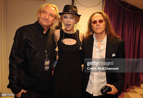 Singer Taylor Swift with Joe Walsh and Timothy B. Schmit of the Eagles seen backstage during the 2008 CMT Awards at Curb Event Center at Belmont...