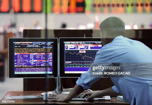 Trader at the Philippine Stock Exchange in Manila's financial district in Makati monitors share prices on a computer on April 15, 2008. Philippine...