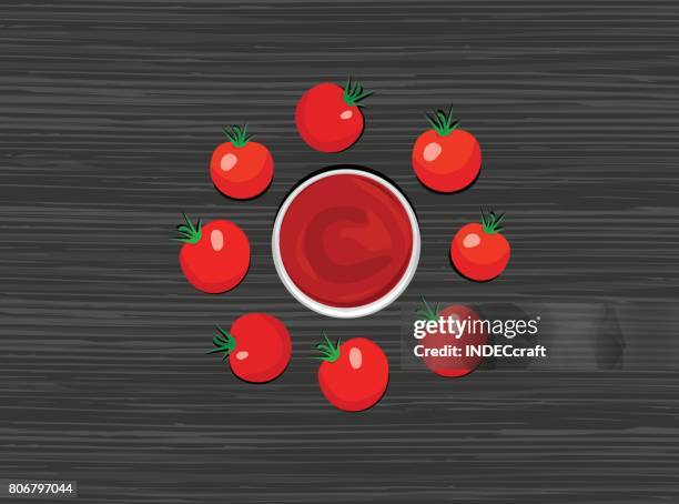 ilustraciones, imágenes clip art, dibujos animados e iconos de stock de kethup de tomate con tomates - tomato stock illustrations