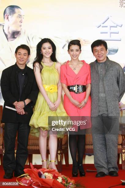 Actors Jet Li , Jackie Chan , actress Yifei Liu and Bingbing Li pose at the premiere of "The Forbidden Kingdom" on April 15, 2008 in Beijing, China....