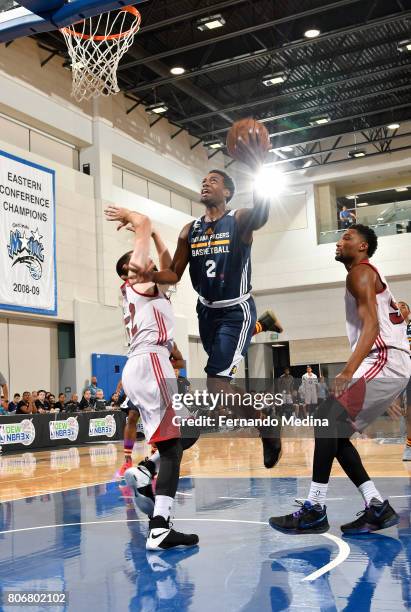 Jordan Loyd of the Indiana Pacers shoots a lay up against the Miami Heat on July 3, 2017 during the 2017 Summer League at Amway Center in Orlando,...