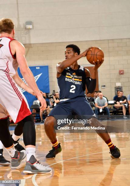 Jordan Loyd of the Indiana Pacers handles the ball against the Miami Heat on July 3, 2017 during the 2017 Summer League at Amway Center in Orlando,...