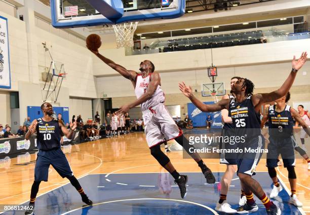 Bam Adebayo of the Miami Heat goes for a lay up against the Indiana Pacers on July 3, 2017 during the 2017 Summer League at Amway Center in Orlando,...