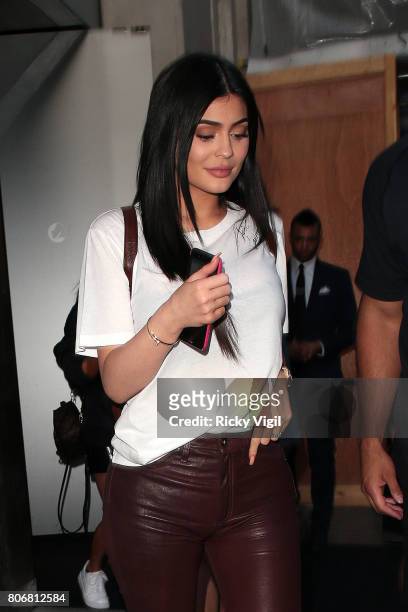 Kylie Jenner seen on a night out with boyfriend Travis Scott at Nobu Berkeley St restaurant on July 3, 2017 in London, England.