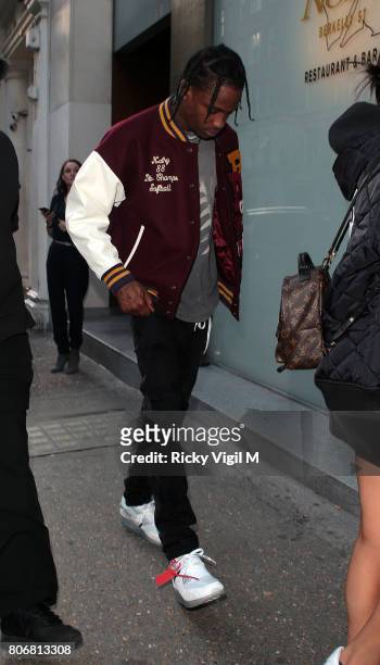 Travis Scott seen on a night out with grilfriend Kylie Jenner at Nobu Berkeley St restaurant on July 3, 2017 in London, England.