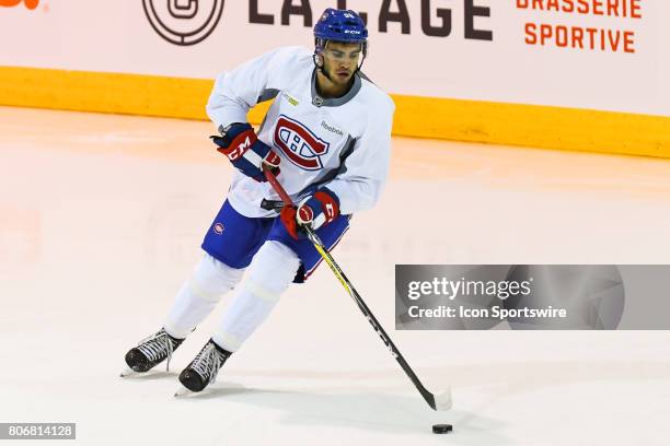 Montreal Canadiens Rookie left wing Jordan Boucher skating with the puck in an exercise during the Montreal Canadiens Development Camp on July 3 at...