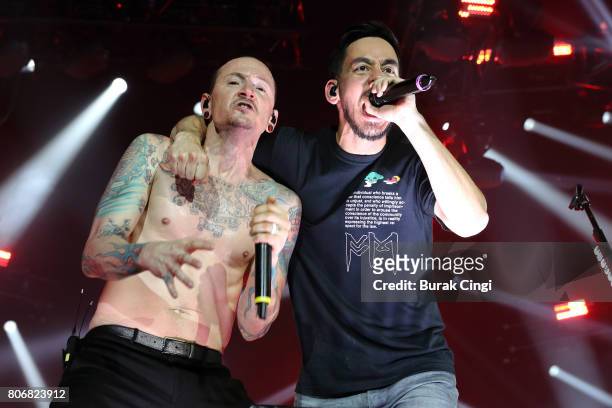 Chester Bennington and Mike Shinoda of Linkin Park perform at The O2 Arena on July 3, 2017 in London, England.