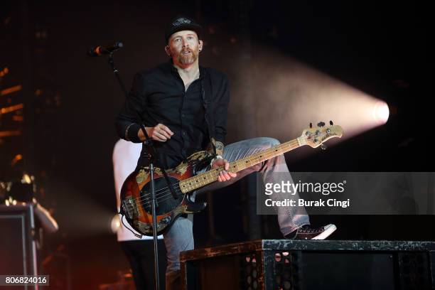 Dave Farrell of Linkin Park performs at The O2 Arena on July 3, 2017 in London, England.