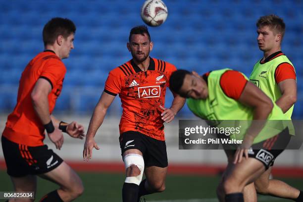 Aaron Cruden of the All Blacks during a New Zealand All Blacks training session at Trusts Stadium on July 4, 2017 in Auckland, New Zealand.