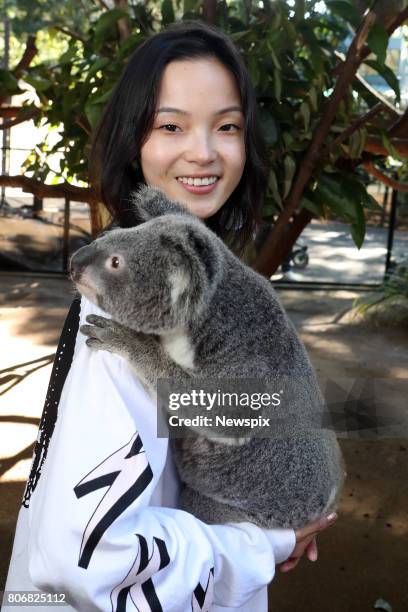 Model Xiao Wen Ju poses with a koala at Currumbin Wildlife Sanctuary on the Gold Coast, Queensland.