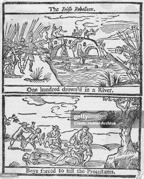 Protestant settlers are massacred by local Catholics on Portadown Bridge over the River Bann in Northern Ireland, during the Irish Rebellion, 1641....