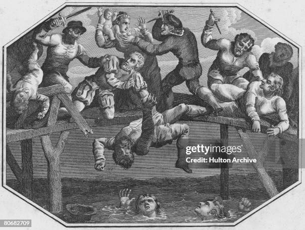 Protestant settlers are massacred by local Catholics on Portadown Bridge over the River Bann in Northern Ireland, during the Irish Rebellion, 1641.