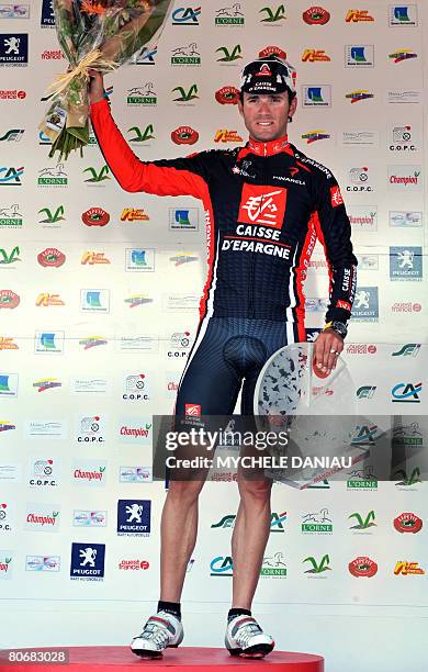 Spain's Alejandro Valverde poses on the podium, on April 15, 2008 in Vimoutiers, Normandy, western France, after winning the 69th edition of the...