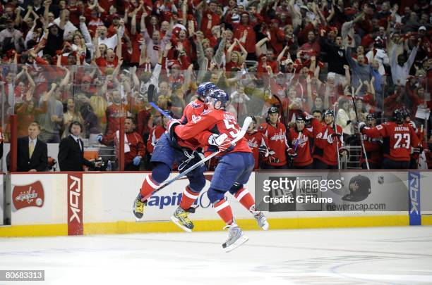 Mike Green of the Washington Capitals celebrates with Alex Ovechkin after scoring against the Philadelphia Flyers during game one of the 2008 NHL...