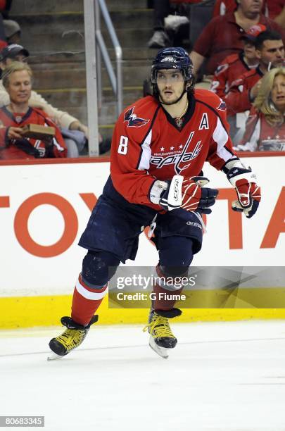 Alex Ovechkin of the Washington Capitals skates down the ice against the Philadelphia Flyers during game one of the 2008 NHL Eastern Conference...