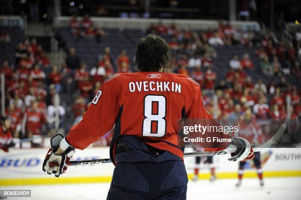 Alex Ovechkin of the Washington Capitals warms up before game one of the 2008 NHL Eastern Conference Quarterfinals against the Philadelphia Flyers on...