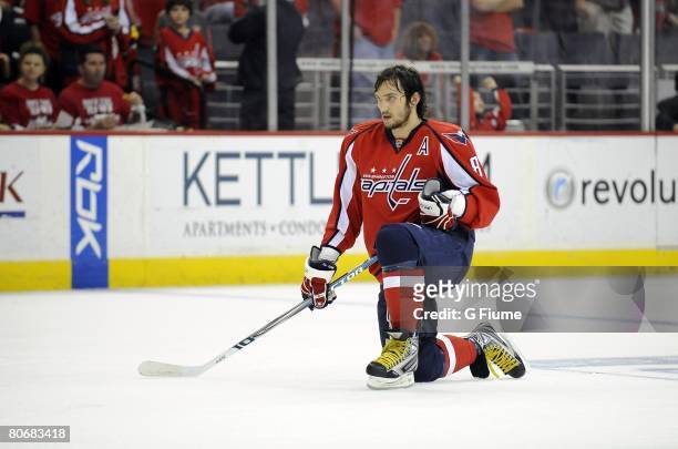 Alex Ovechkin of the Washington Capitals warms up before game one of the 2008 NHL Eastern Conference Quarterfinals against the Philadelphia Flyers on...