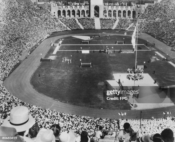 Crowds watching an equestrian event at the Los Angeles Memorial Coliseum during the 1932 summer Olympic games.