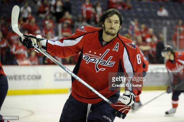 Alex Ovechkin of the Washington Capitals warms up before game one of the 2008 NHL Eastern Conference Quarterfinals against the Philadelphia Flyers on...