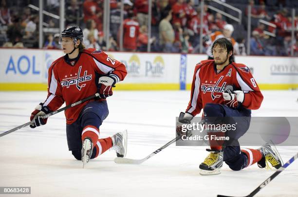 Alex Ovechkin and Alexander Semin of the Washington Capitals warms up before game one of the 2008 NHL Eastern Conference Quarterfinals against the...