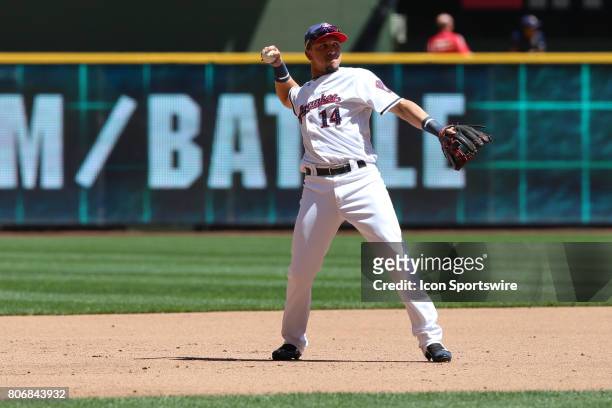 Milwaukee Brewers third baseman Hernan Perez makes a throw during a baseball game between the Milwaukee Brewers and the Baltimore Orioles at Miller...