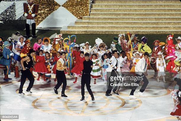 New Kids On The Block perform prior to the New York Giants taking on the Buffalo Bills in Super Bowl XXV at Tampa Stadium on January 27, 1991 in...
