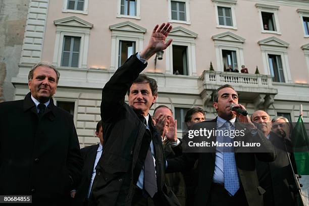 People of Freedom coalition mayoral candidate for Rome, Gianni Alemanno greets his supporters as People of Freedom coalition leader Maurizio Gasparri...