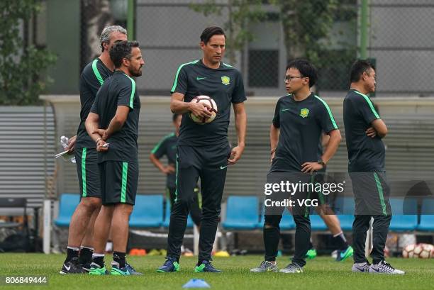 Head coach Roger Schmidt attends a training session of Beijing Sinobo Guoan F.C. Ahead of the 16th round match of Chinese Super League on July 3,...