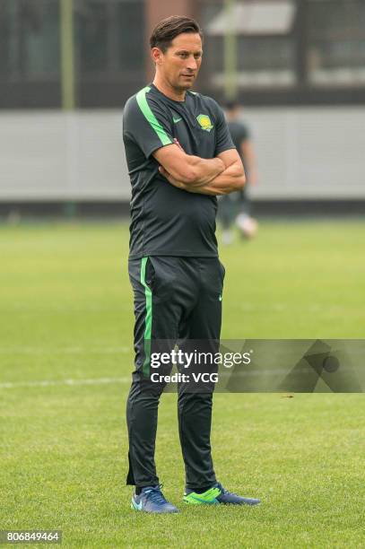 Head coach Roger Schmidt attends a training session of Beijing Sinobo Guoan F.C. Ahead of the 16th round match of Chinese Super League on July 3,...