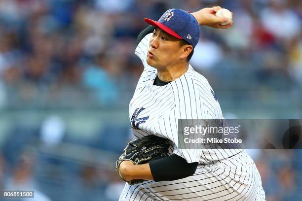 Masahiro Tanaka of the New York Yankees pitches in the second inning against the Toronto Blue Jays at Yankee Stadium on July 3, 2017 in the Bronx...