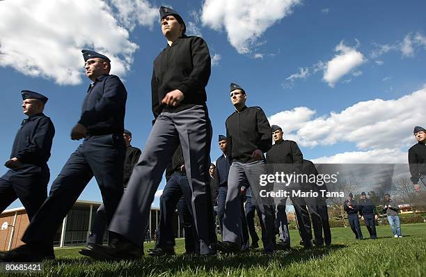 Air Force ROTC cadets march at the end of a parade honoring fellow cadet Matthew La Porte, who was one of 32 people killed by Cho Seung-Hui, at...