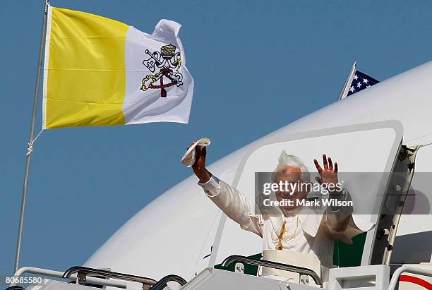 Pope Benedict XVI waves after arriving at Andrews Air Force Base, April 15, 2008 in Camp Springs, Maryland. On Wednesday Pope Benedict XVI will visit...