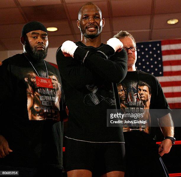 Bernard Hopkins of the USA poses with his team after an open workout for the media at Planet Hollywood Resort and Casino on April 15, 2008 in Las...