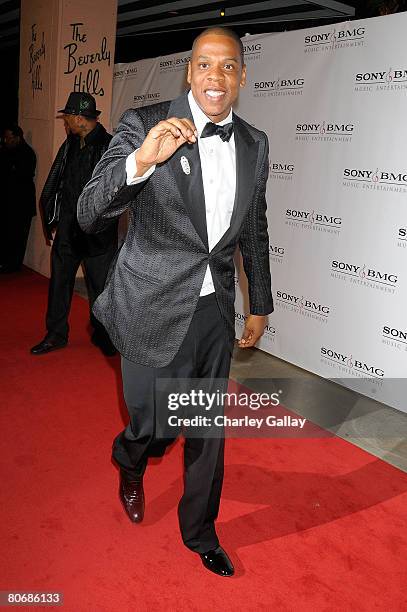 Rapper Jay-Z arrives at the Sony/BMG Grammy After Party at the Beverly Hills Hotel on February 10, 2008 in Beverly Hills, California.