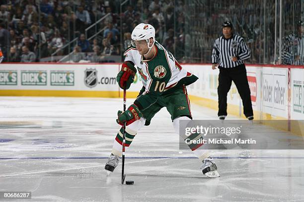 Marian Gaborik of the Minnesota Wild skates against the Colorado Avalanche during game three of the 2008 NHL Stanley Cup Playoffs Western Conference...