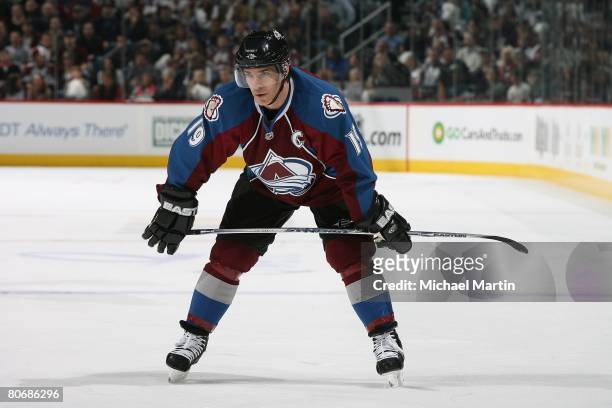 Joe Sakic of the Colorado Avalanche skates against the Minnesota Wild during game three of the 2008 NHL Stanley Cup Playoffs Western Conference...