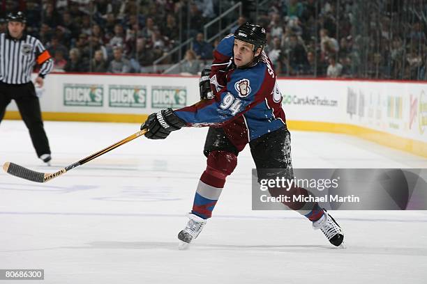 Ryan Smyth of the Colorado Avalanche skates against the Minnesota Wild during game three of the 2008 NHL Stanley Cup Playoffs Western Conference...