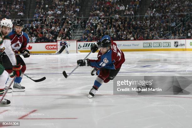 Joe Sakic of the Colorado Avalanche shoots against the Minnesota Wild during game three of the 2008 NHL Stanley Cup Playoffs Western Conference...