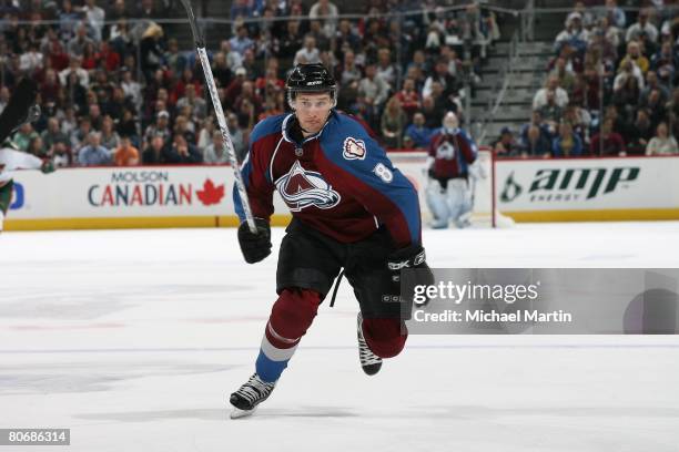 Wojtek Wolski of the Colorado Avalanche skates against the Minnesota Wild during game three of the 2008 NHL Stanley Cup Playoffs Western Conference...