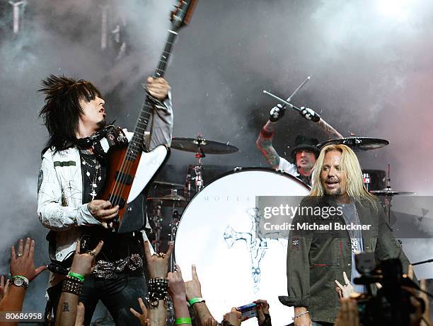 Nikki Sixx, Tommy Lee and singer Vince Neil of Motley Crue perform during a press conference annoucing Crue Fest 2008 at Avalon Hollywood on April...