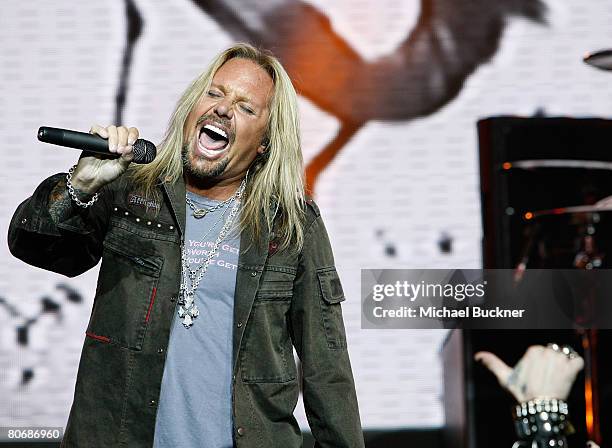 Singer Vince Neil of Motley Crue sings during a press conference annoucing Crue Fest 2008 at Avalon Hollywood on April 15, 2008 in Los Angeles,...