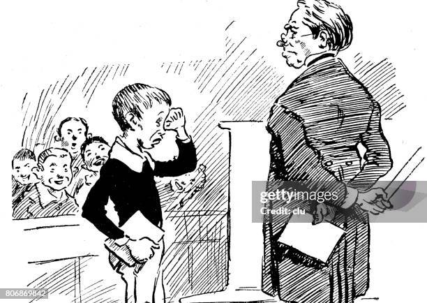 schoolboy is standing in front of the teacher crying, other boys laugh - teacher crying stock illustrations