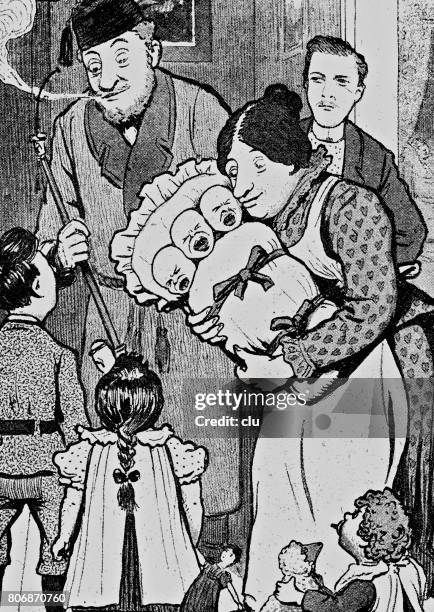 newborn triplets are coming home, siblings and father standing by the mother holding the newborn - triplets stock illustrations