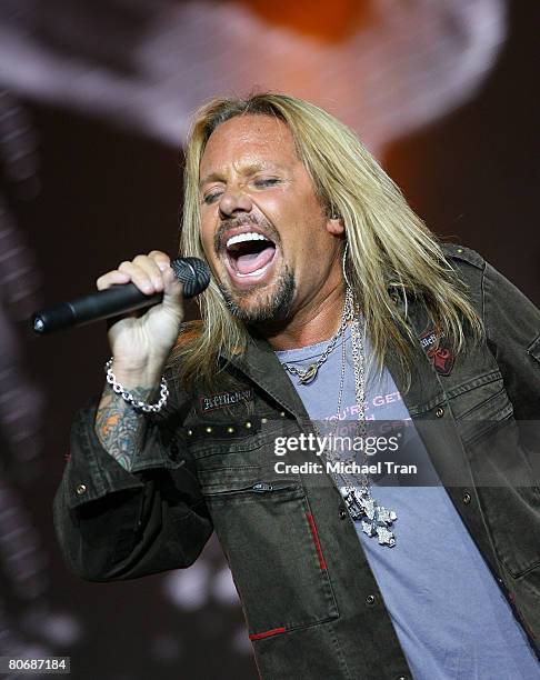 Lead singer of "Motley Crue" Vince Neil performs on stage at the press conference announcing "Crue Fest 2008: The Summer's Loudest Show on Earth"...