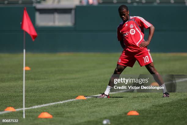 Rohan Ricketts of Toronto FC stretches during warm-up prior to their MLS game against the Los Angeles Galaxy at the Home Depot Center on April 13,...