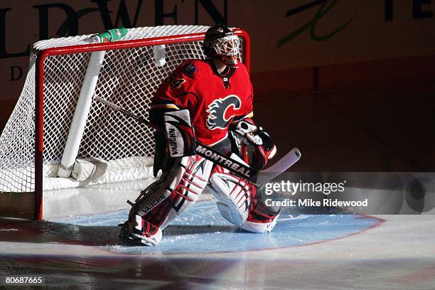 Goaltender Miikka Kiprusoff of the Calgary Flames is introduced before playing the San Jose Sharks during game three of the 2008 NHL Stanley Cup...